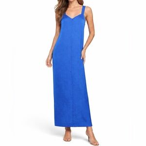 NWT DKNY Silky Satin Maxi Dress SMALL blue Sleeveless V-Neck resortwear